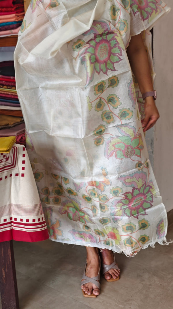 Cream Printed Pure Tussar Silk Suit