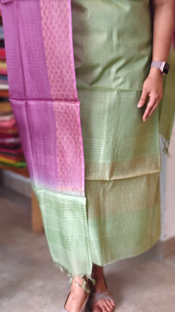 Green and purple noil tussar silk suit