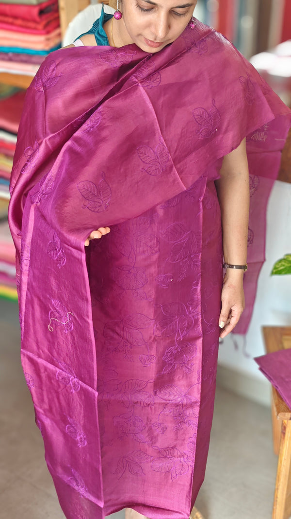 Wine Embroidered Tussar silk suit - GS10
