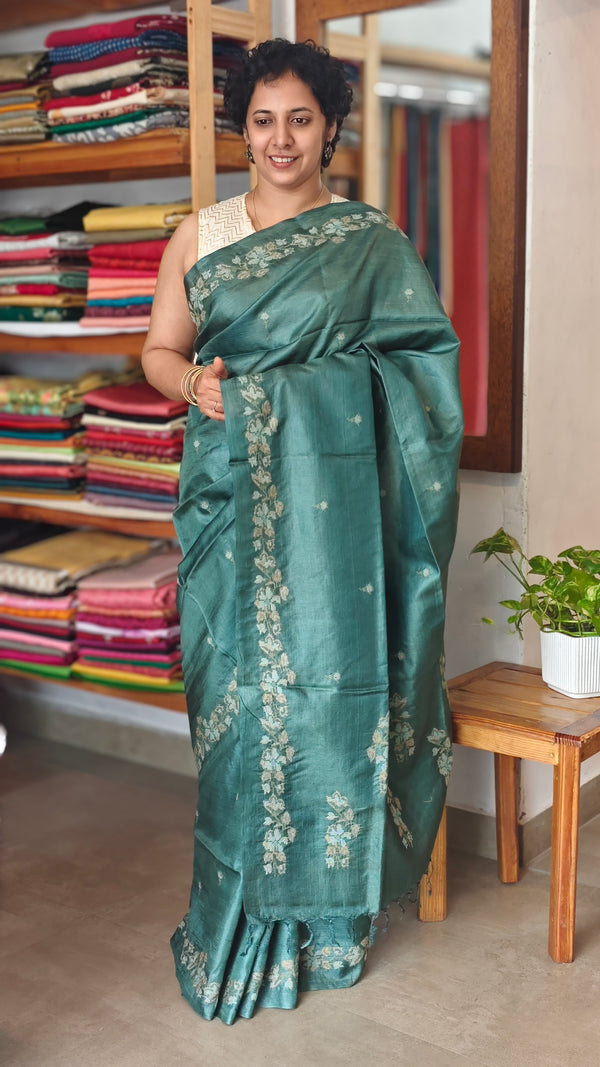 Dark Teal Cross Stitch Embroidered Tussar Silk Saree - MCT4