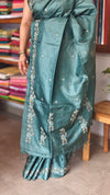 Dark Teal Cross Stitch Embroidered Tussar Silk Saree - MCT4