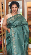 Dark Teal Cross Stitch Embroidered Tussar Silk Saree - MCT4