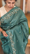 Dark Teal Cross Stitch Embroidered Tussar Silk Saree - MCT4