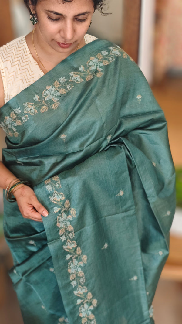 Dark Teal Cross Stitch Embroidered Tussar Silk Saree - MCT4