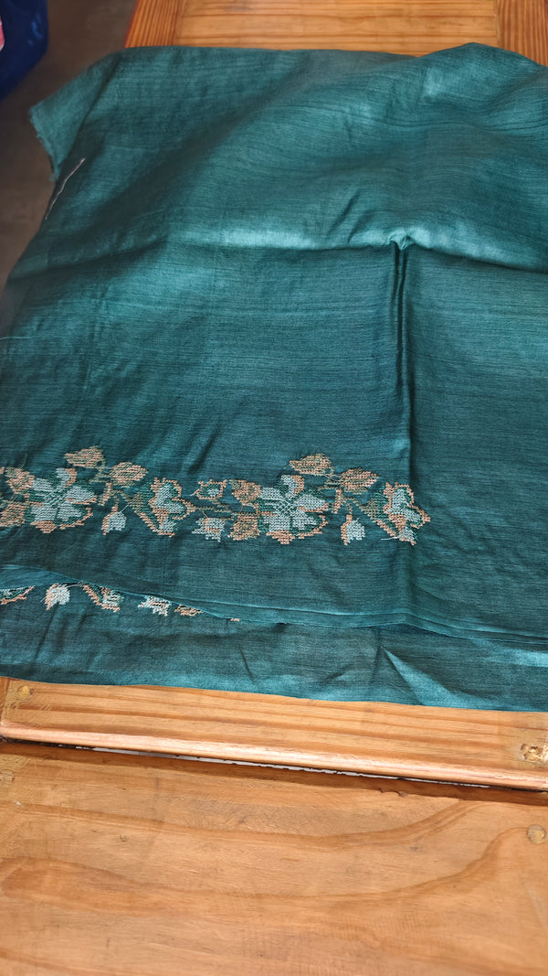Dark Teal Cross Stitch Embroidered Tussar Silk Saree - MCT4