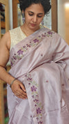 Lavender Cross Stitch Embroidered Tussar Silk Saree - MCT4
