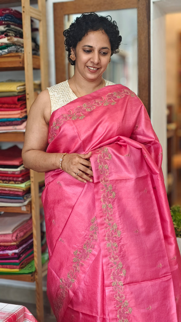 Candy Pink Cross Stitch Embroidered Tussar Silk Saree - MCT4