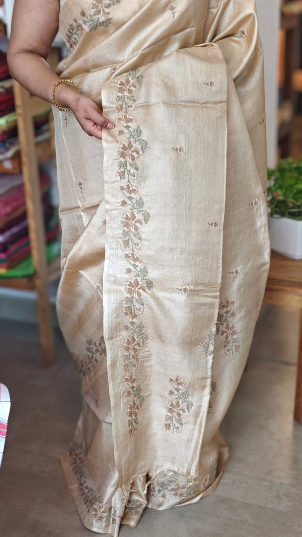Beige Cross Stitch Embroidered Tussar Silk Saree - MCT4