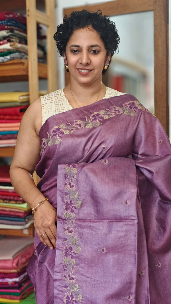 Purple Cross Stitch Embroidered Tussar Silk Saree - MCT4