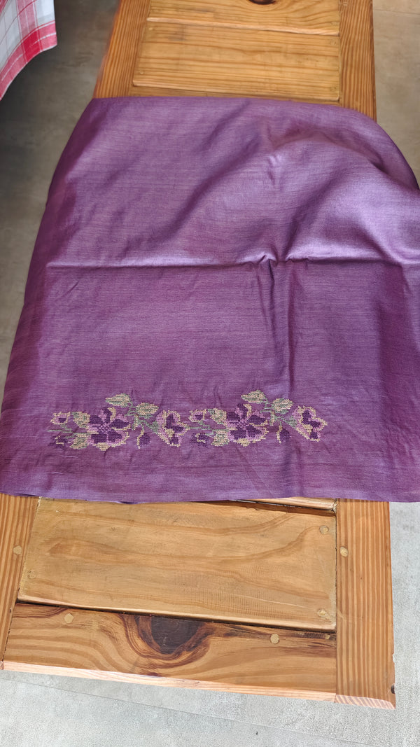Purple Cross Stitch Embroidered Tussar Silk Saree - MCT4