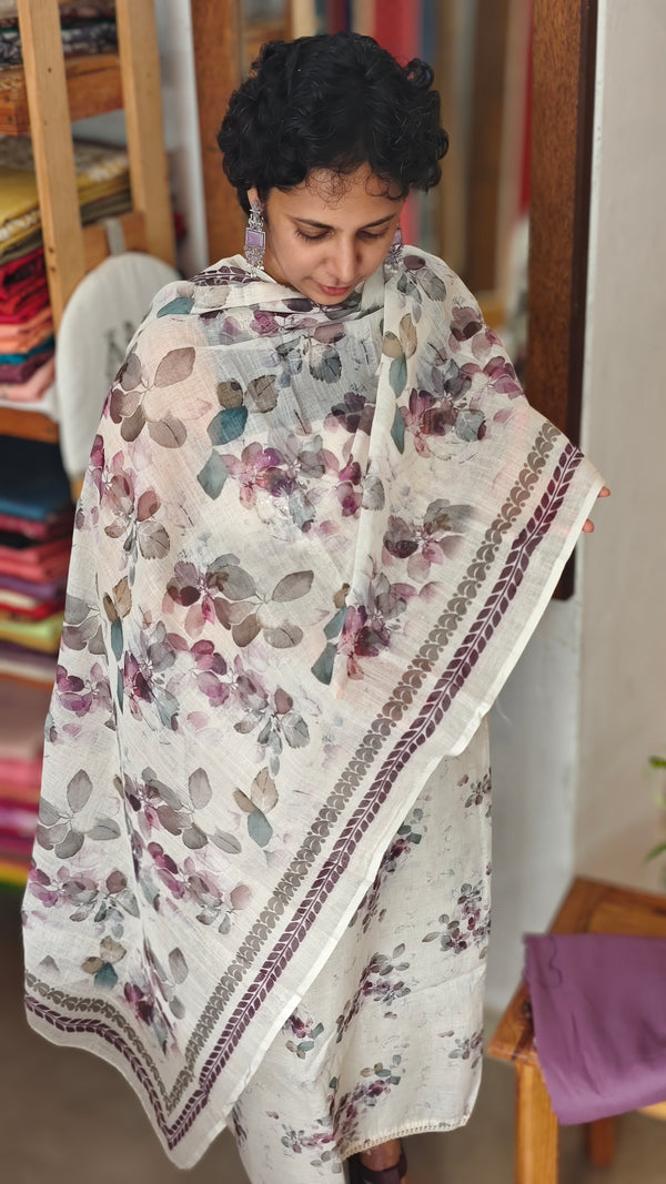Cream and Mauve Floral printed linen suit - B449