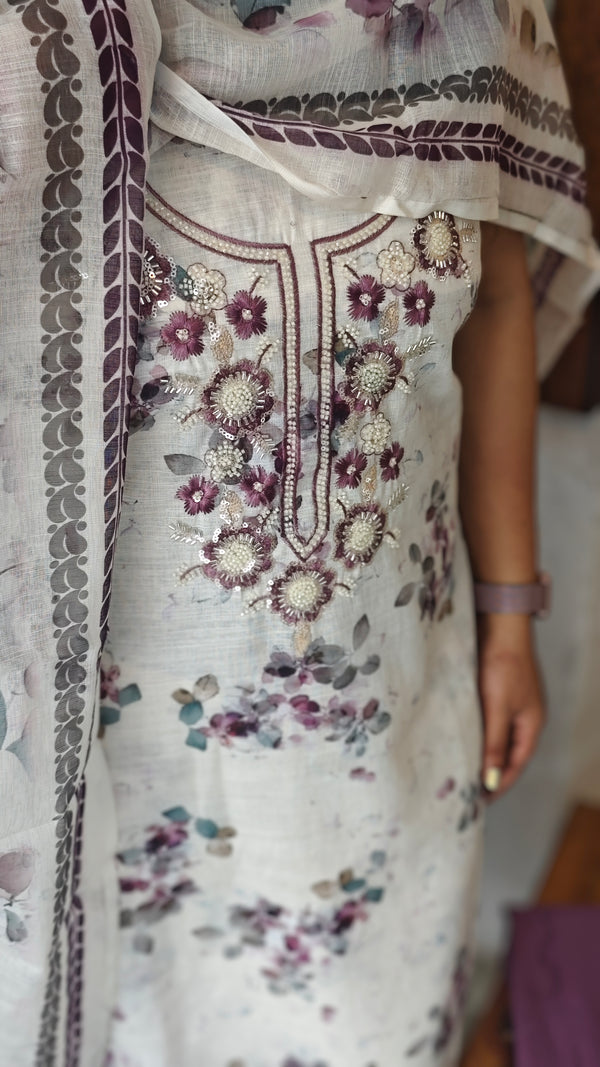 Cream and Mauve Floral printed linen suit - B449