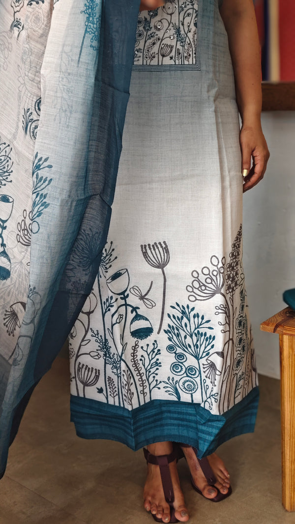 Blue and off white printed cotton linen suit