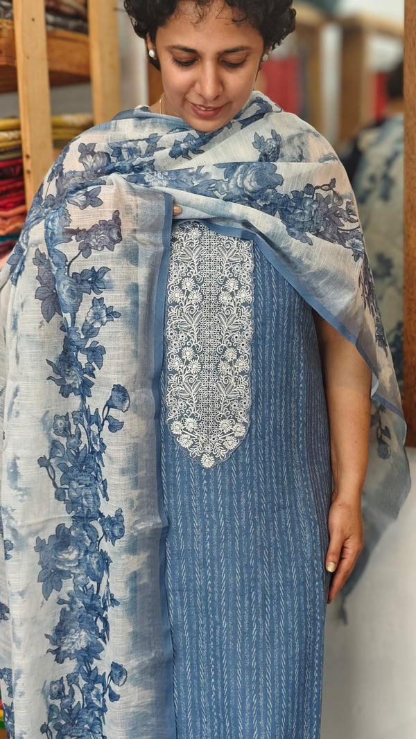 Indigo and white cotton linen suit - 823A