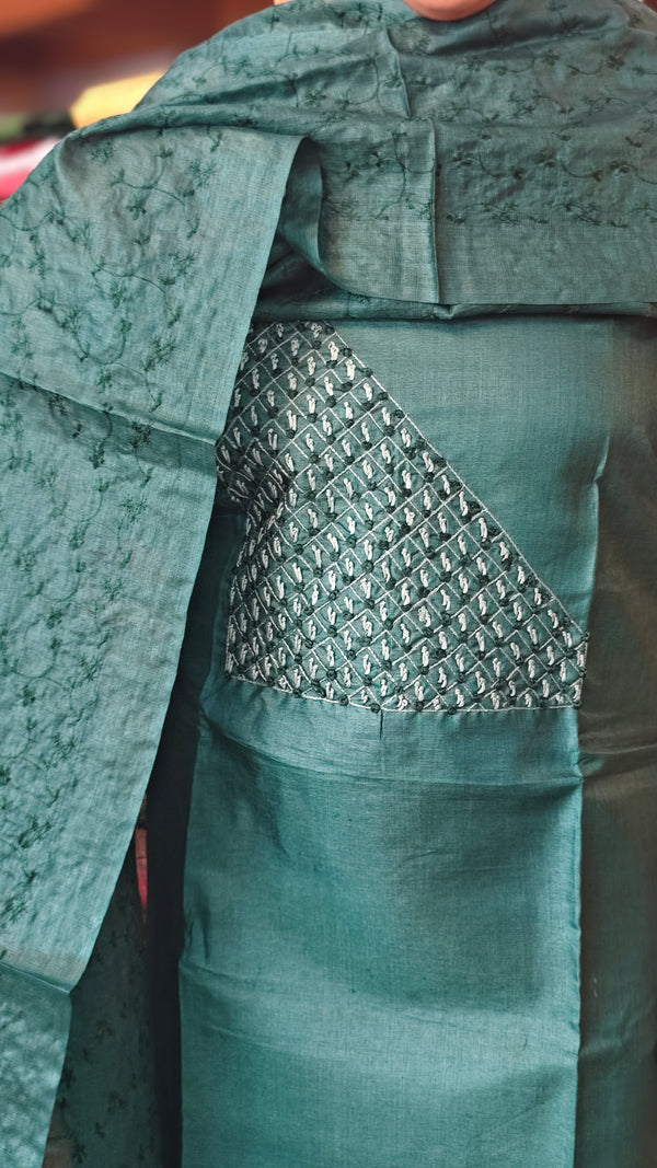 Emerald green embroiderd tussar silk suit