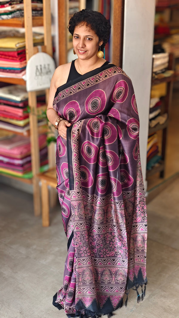 Mauve and purple Ajrakh Modal saree - MAK9