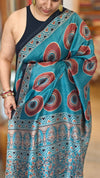 Teal and brick red Ajrakh Modal saree - MAK9