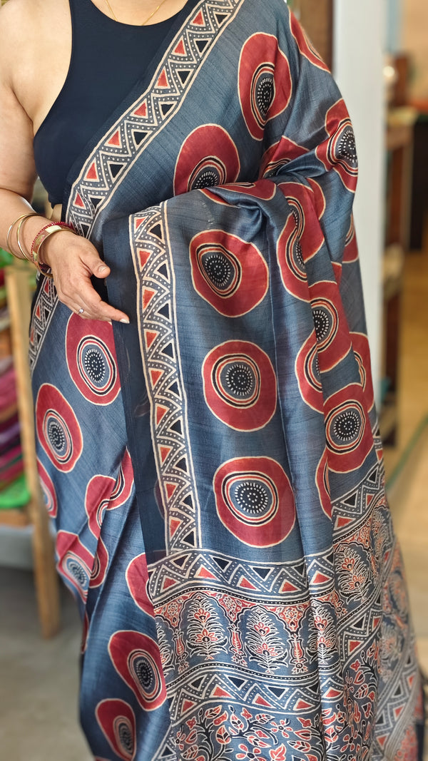 Grey and brick red Ajrakh Modal saree - MAK9