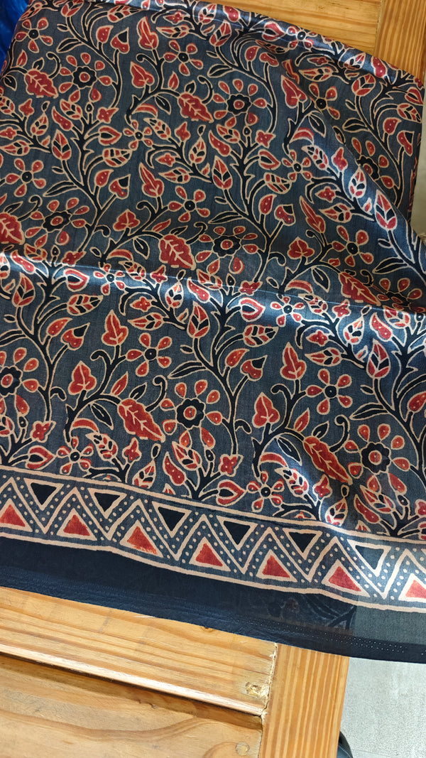 Grey and brick red Ajrakh Modal saree - MAK9