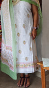 Milky white and green cotton chikankari suit - 673W - 1