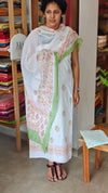 Milky white and green Chikankari cotton suit - 673W - 2