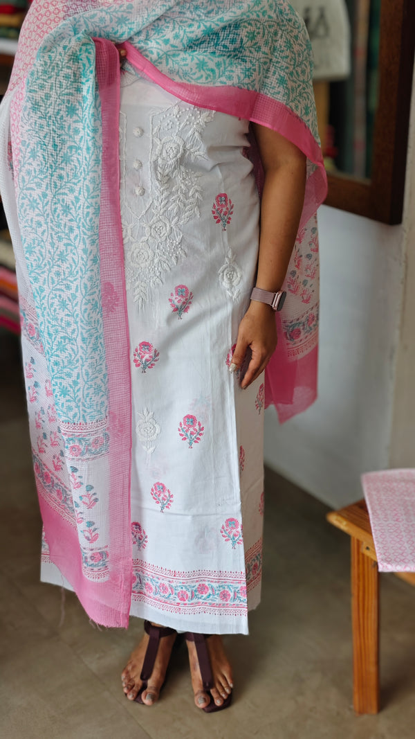 Milky white and Pink Cotton Chikankari suit - 673W - 1