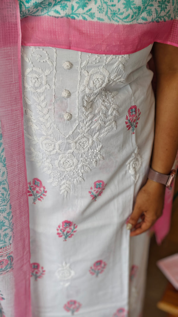 Milky white and Pink Cotton Chikankari suit - 673W - 1