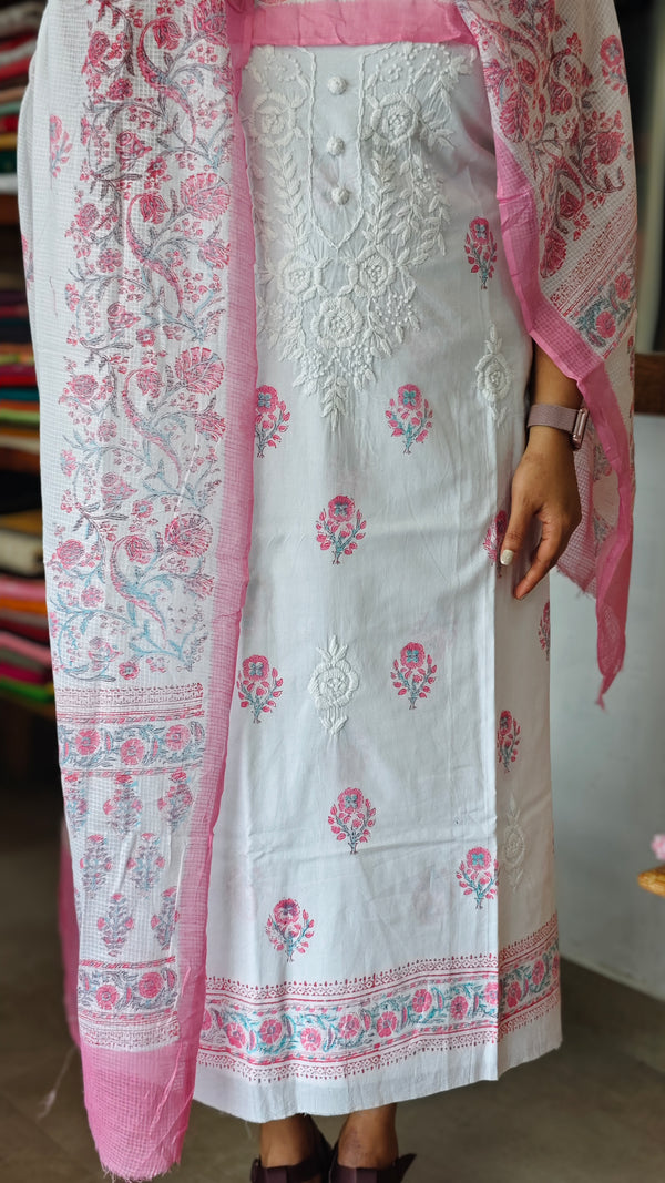 Milky white and pink cotton Chikankari Suit - 673W - 2