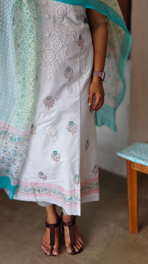 Milky white and blue Cotton Chikankari suit - 673W