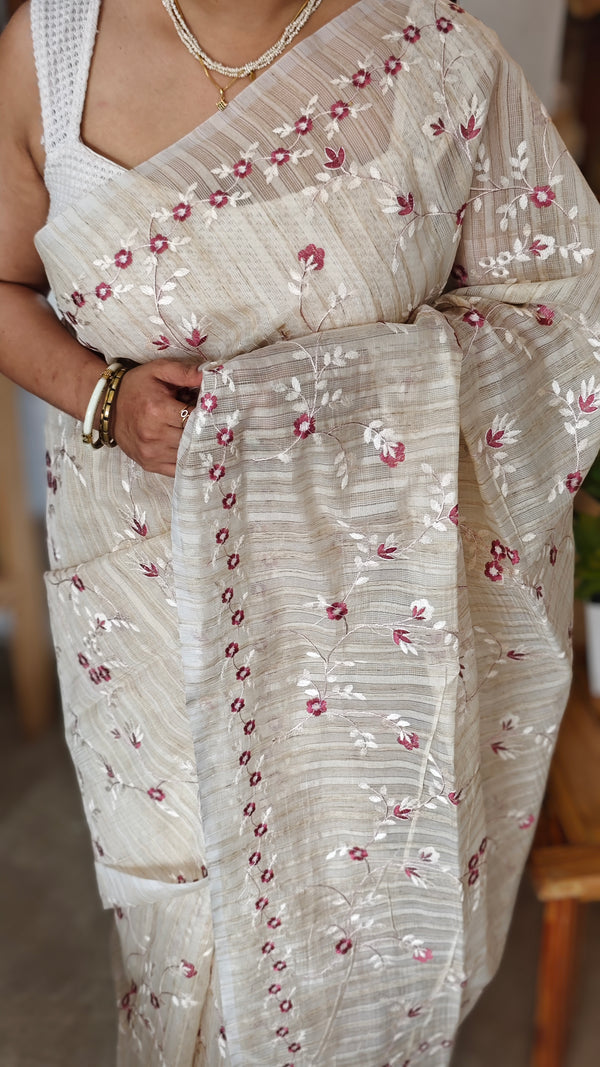 Beige jute kota embroidered saree - pink - 5030