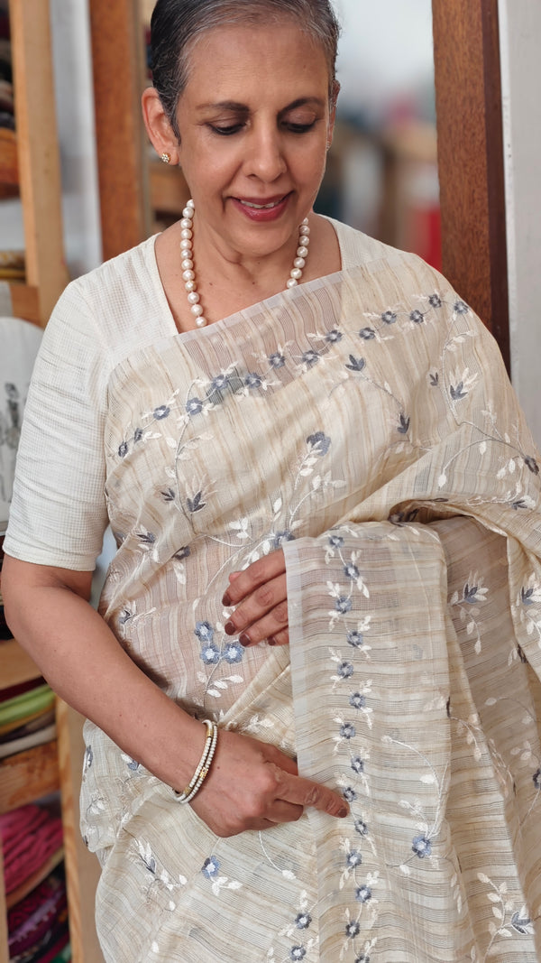 Beige jute kota embroidered saree - grey - 5030