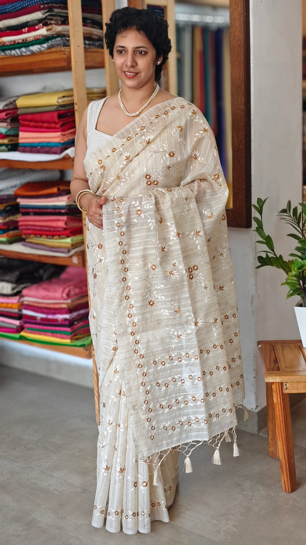 Beige jute kota embroidered saree - Mustard - 5030