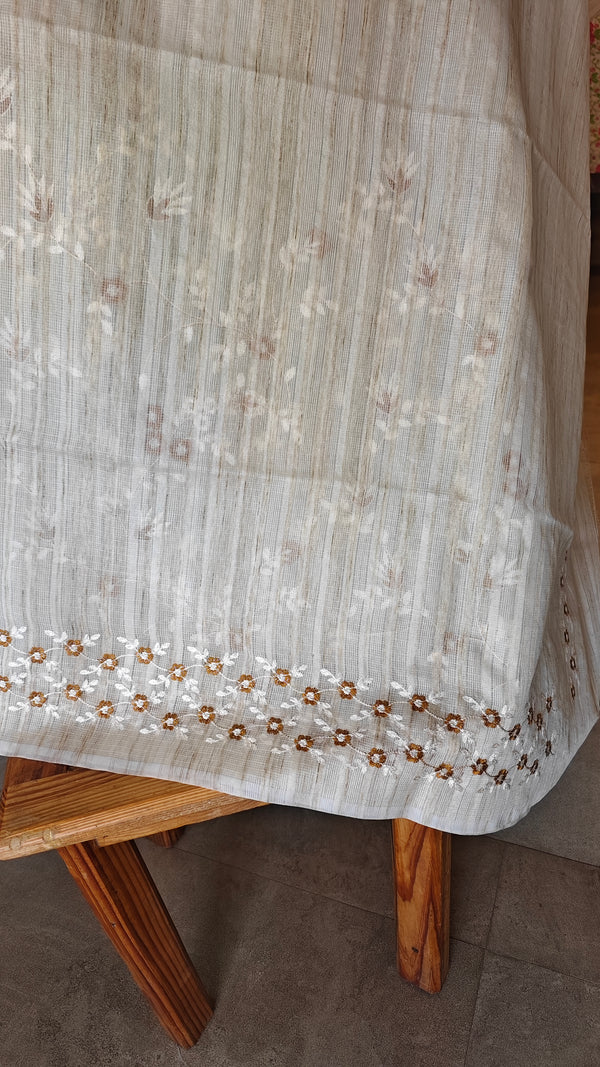 Beige jute kota embroidered saree - Mustard - 5030