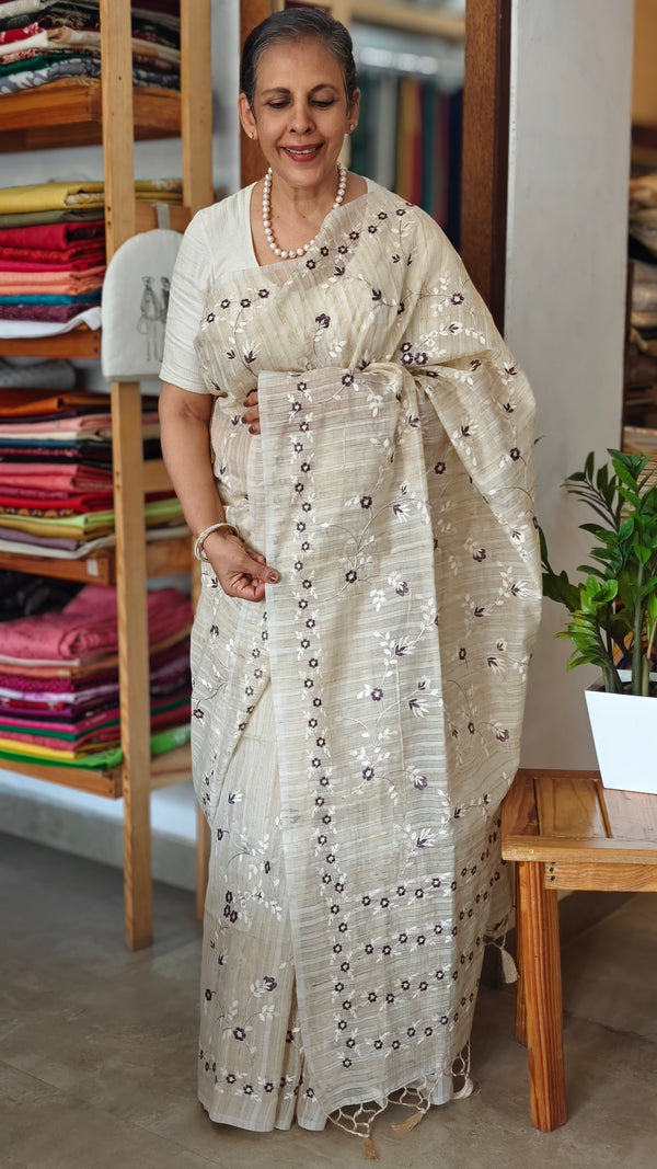 Beige jute kota embroidered saree - Purple - 5030