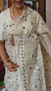 Beige jute kota embroidered saree - Purple - 5030