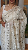 Beige jute kota embroidered saree - dark olive green - 5030
