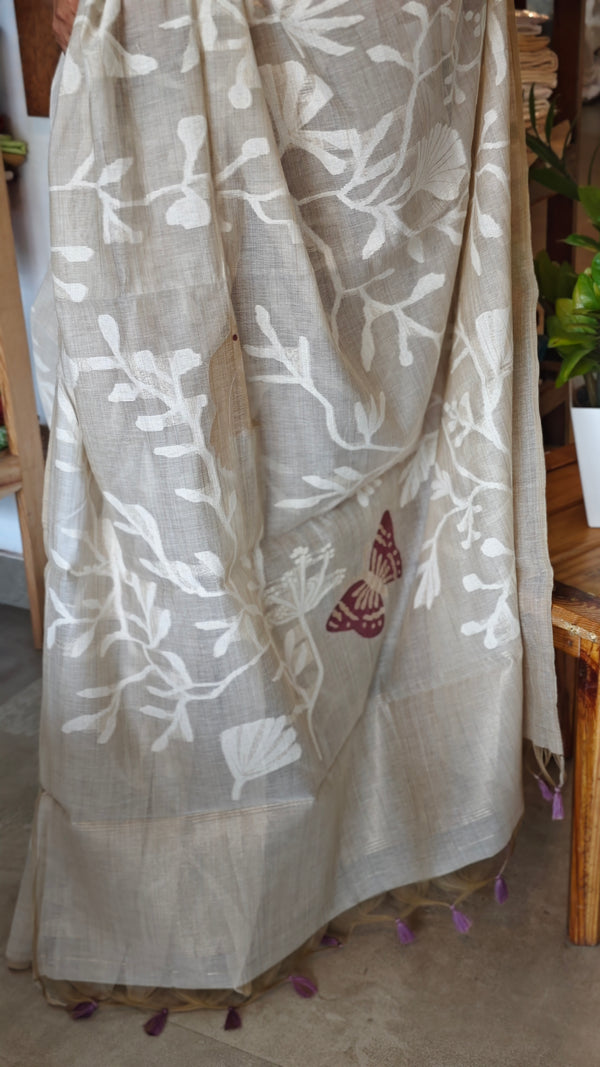 Light beige and wine jamdani saree - 39LB