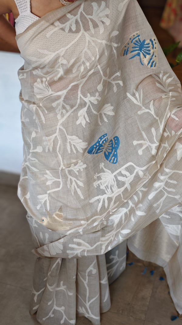 Light beige and blue jamdani saree - 39LB
