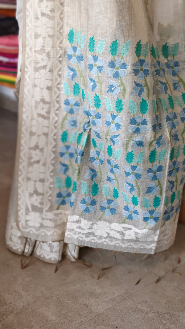Off white and azure blue jamdani saree