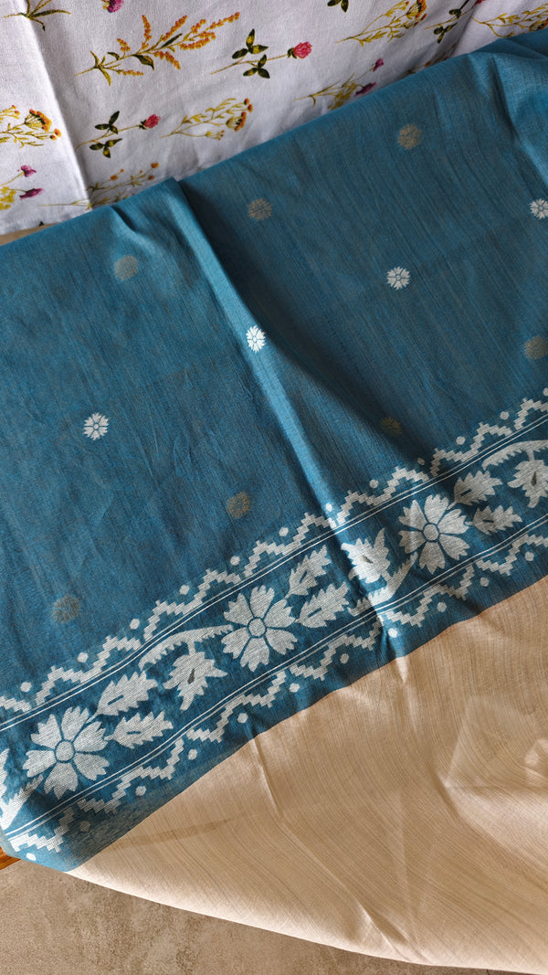 Off white and azure blue jamdani saree