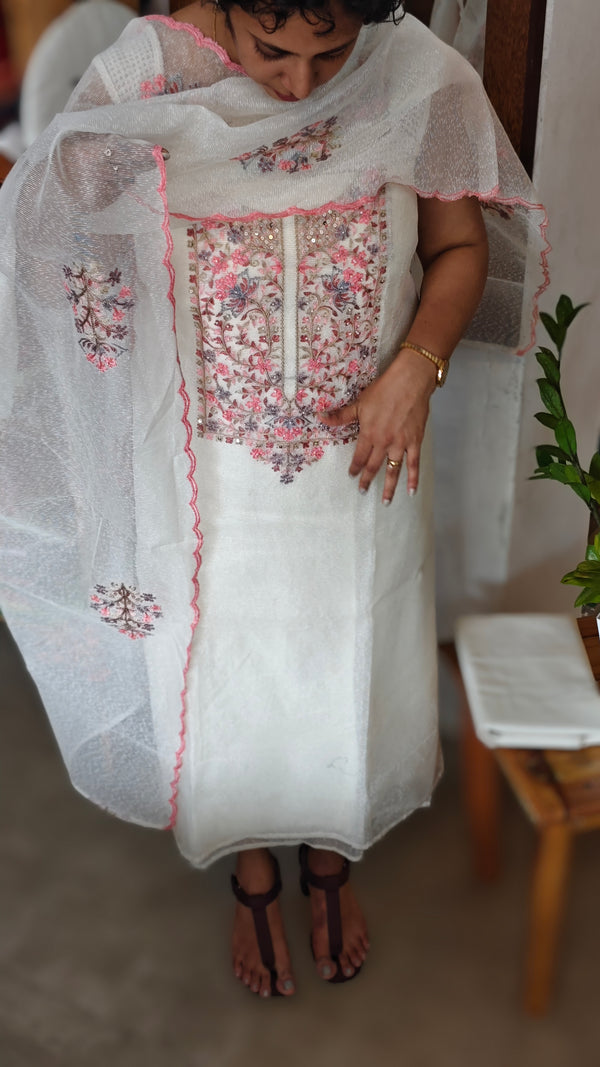 Off white embroidered net kota suit