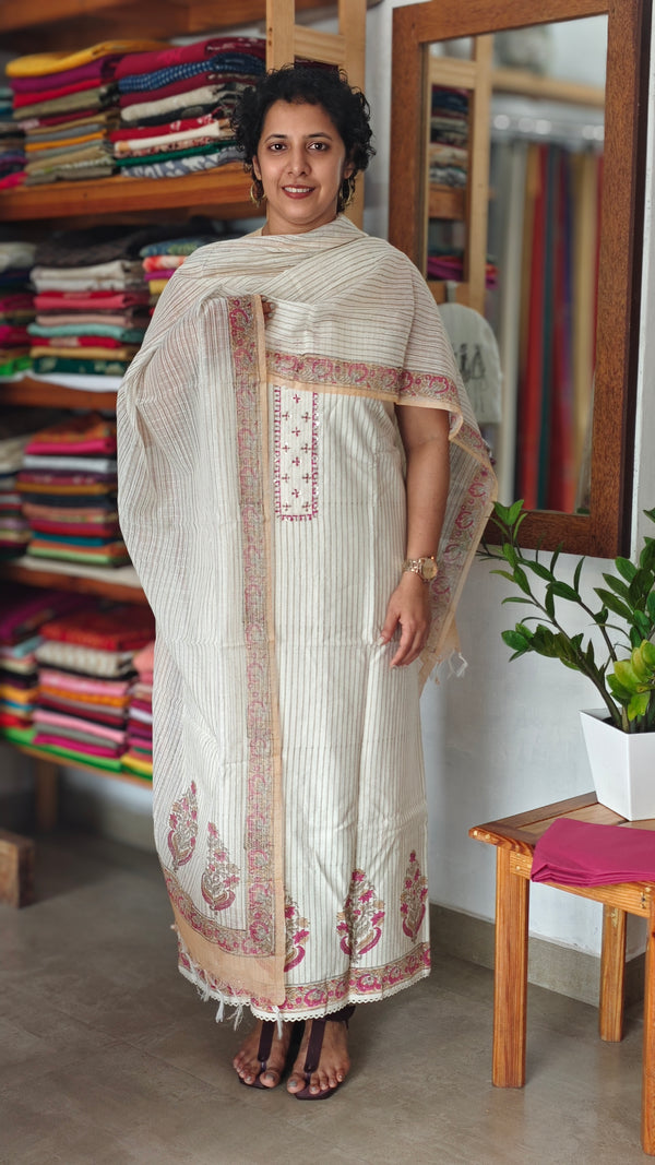 Cream and pink Linen cottton suit - DL72