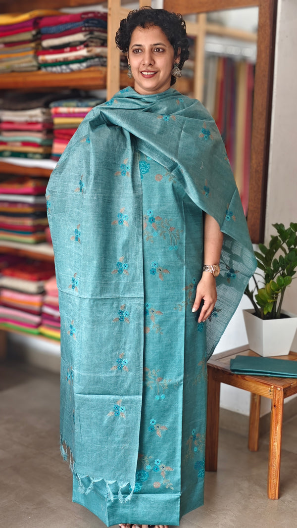 Teal Blue Cross Stitch Embroidered Semi Tussar Silk Suit - MTV6 - T1