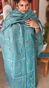 Teal Blue Cross Stitch Embroidered Semi Tussar Silk Suit - MTV6 - T1