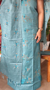 Teal Blue Cross Stitch Embroidered Semi Tussar Silk Suit - MTV6 - T1