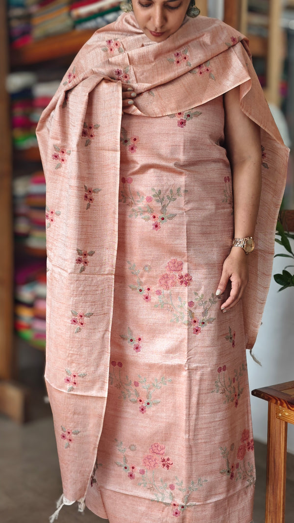 Light Peach Cross Stitch Embroidered semi Tussar suit - MTV6 -P1