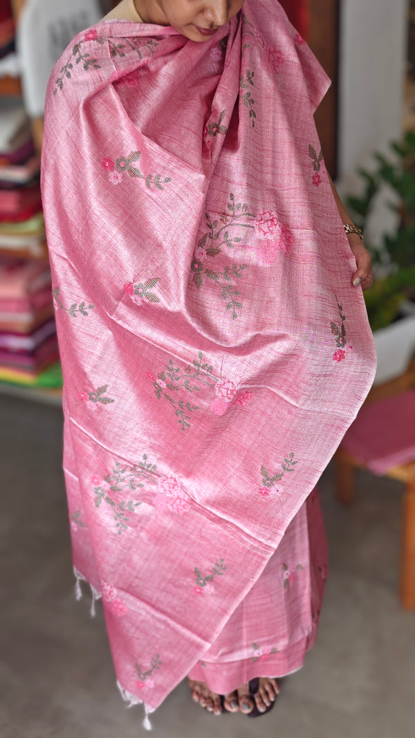 Pink Cross Stitch Embroidered Semi Tussar Suit - MTV6 - FC1