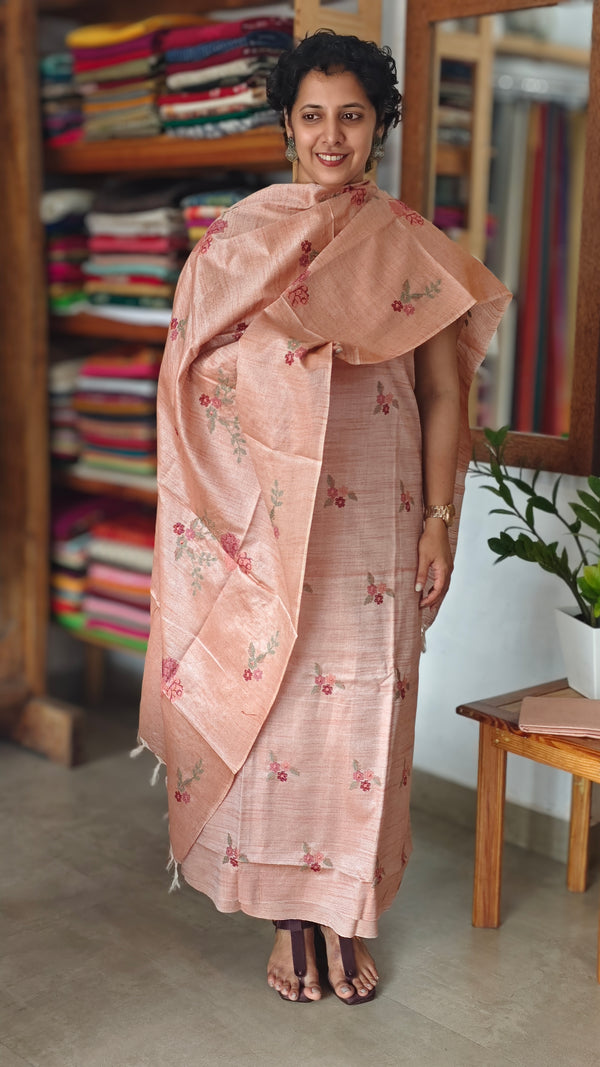 Light Peach Cross Stitch Embroidered Semi Tussar Suit - MTV6 - L2