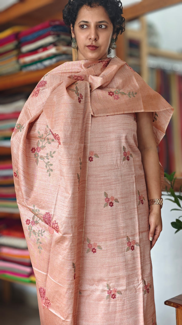 Light Peach Cross Stitch Embroidered Semi Tussar Suit - MTV6 - L2