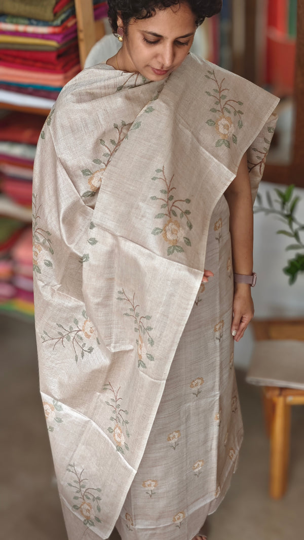 Light Beige Cross Stitch Embroidered Semi Tussar Suit - MTV6 - CD1